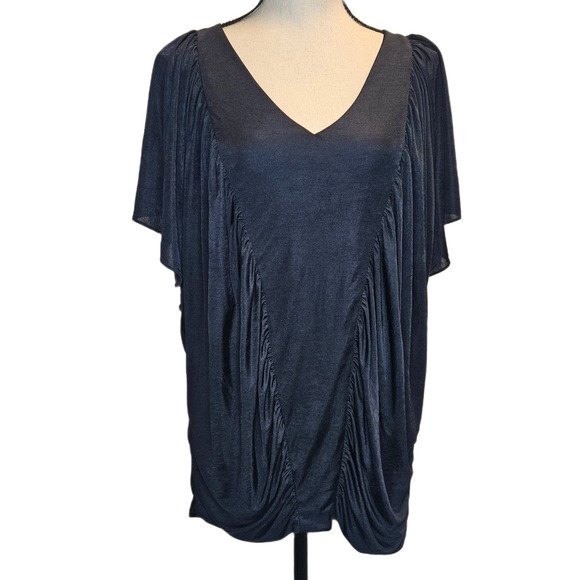 BCBGMaxAzria Tops - BCBGMaxAzira Size Small V-Neck Navy Drapey‎ Silky Dolman Sleeve Blouse